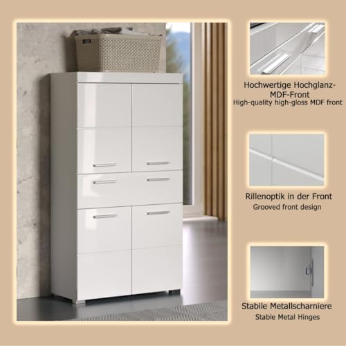 trendteam smart living - Amanda - Hochschrank - Weiß Hochglanz - Badezimmerschrank breit mit 4 höhenverstellbaren Einlegeböden - (BxHxT) 73 x 130 x 31 cm - 4 Fächer und eine große Schublade