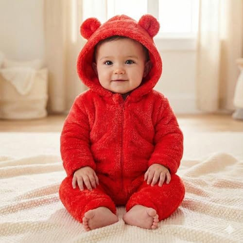Image of BABYZONE Fluffy Fleece Baby Romper - Hooded Bear Ear Winter Jumpsuit for Boys & Girls