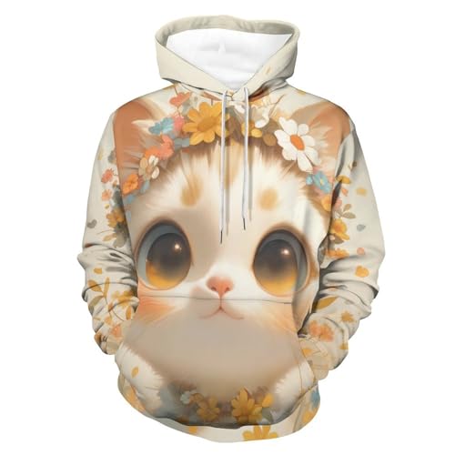 Sweat à capuche chat blanc et fleurs pull manches longues unisexe taille S