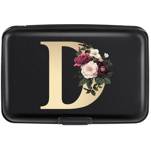 Simikol Credit Card Holder Personalized Initial Letter D Small Aluminum Wallet Rose Flower Card Case RFID Blocking Wallets for Women and Girls, D