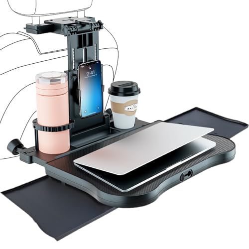 Auto Tisch mit Ausziehbarem Tablett und Getränkehalter, Auto Tisch Kinder für Rücksitz Beifahrer, Tragbarer Autositz Tabletttisch, Au-to Rücksitztisch, Teleskopischer Au-to Rücksitz Tabletttisch