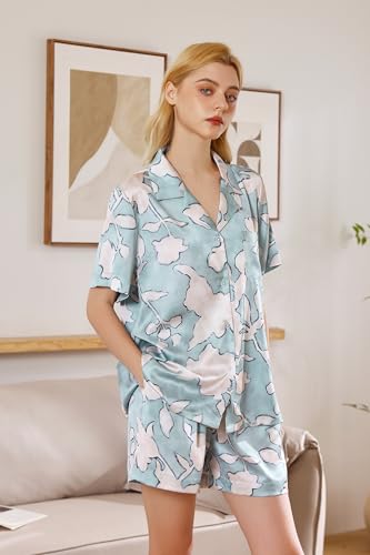 Image of YiNi LuLu Womens Silk Satin Shorts Pajamas Set Button Down 2 Piece Pjs Short Sleeve Oversized Sleepwear with Pockets