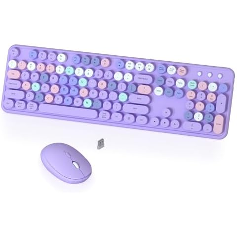Colorful Wireless Keyboard and Mouse Combo, COVEVA 2.4GHz Wireless Retro Cute Round Keycaps Keyboard, 104 Keys Full-Sized Keyboard Mouse Set with Switch Button for PC Laptop Desktop (Purple Colorful) Cover
