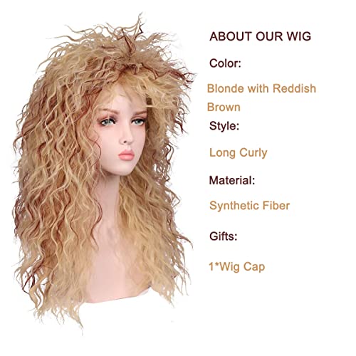 Fantalook Women Long Curly 80s Blonde with Reddish Brown Cosplay Wig