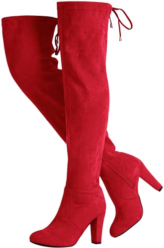 Image of Vepose Women's Suede Thigh High Over the Knee Boots with Block Heel | Above knee heeled silhouette, Tall shaft, Long boot shape, Inside zipper, 3.5 in heel, Skirt and jeans styling, Concerts