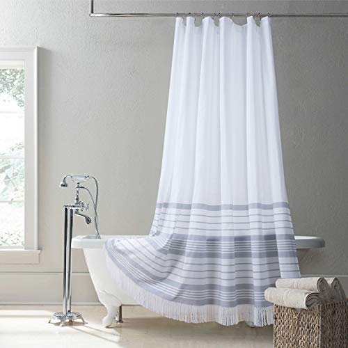 Sd Sdliving Doris Boho Grey Yarn Dyed Stripe Polyester Tassel Waterproof Handmade Trim Farmhouse Shower Curtain For Bathroom,Fringe Border Fabric Bath Curtains,72" W X 72" H #TOP6