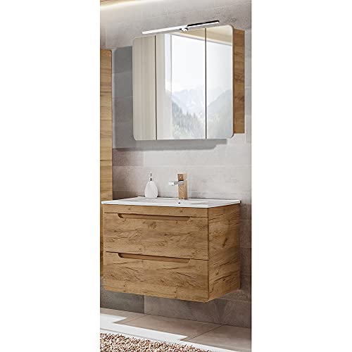 Lomadox Badmöbel Waschplatz Set mit 81 cm Waschtisch & LED-Spiegelschrank, Wotan Eiche Nb., B/H/T ca. 81/200/46 cm