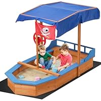 Warmiehomy Sand Pit With Lid For Toddlers Age 3-10 Wooden Kids, Pirate Ship Sand Boat With Canopy Liner Flag, Shell SandPit Outdoor Kids For Garden Backyard Creative Fun, Gift For 3+ Years