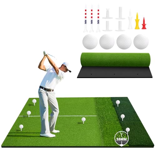 Golf Hitting Mat 6x4 FT, 3-in-1 Multi-Surface Mat with 31/52/55mm PP & Nylon Grass, Non-Slip EVA Base, Accepts Real Tees, Includes 4 Balls, 4 Patented Tees & 6 Studs, Indoor/Outdoor, Drive/Chip/Pitch by LemiKeda - Used condition - US$115.89