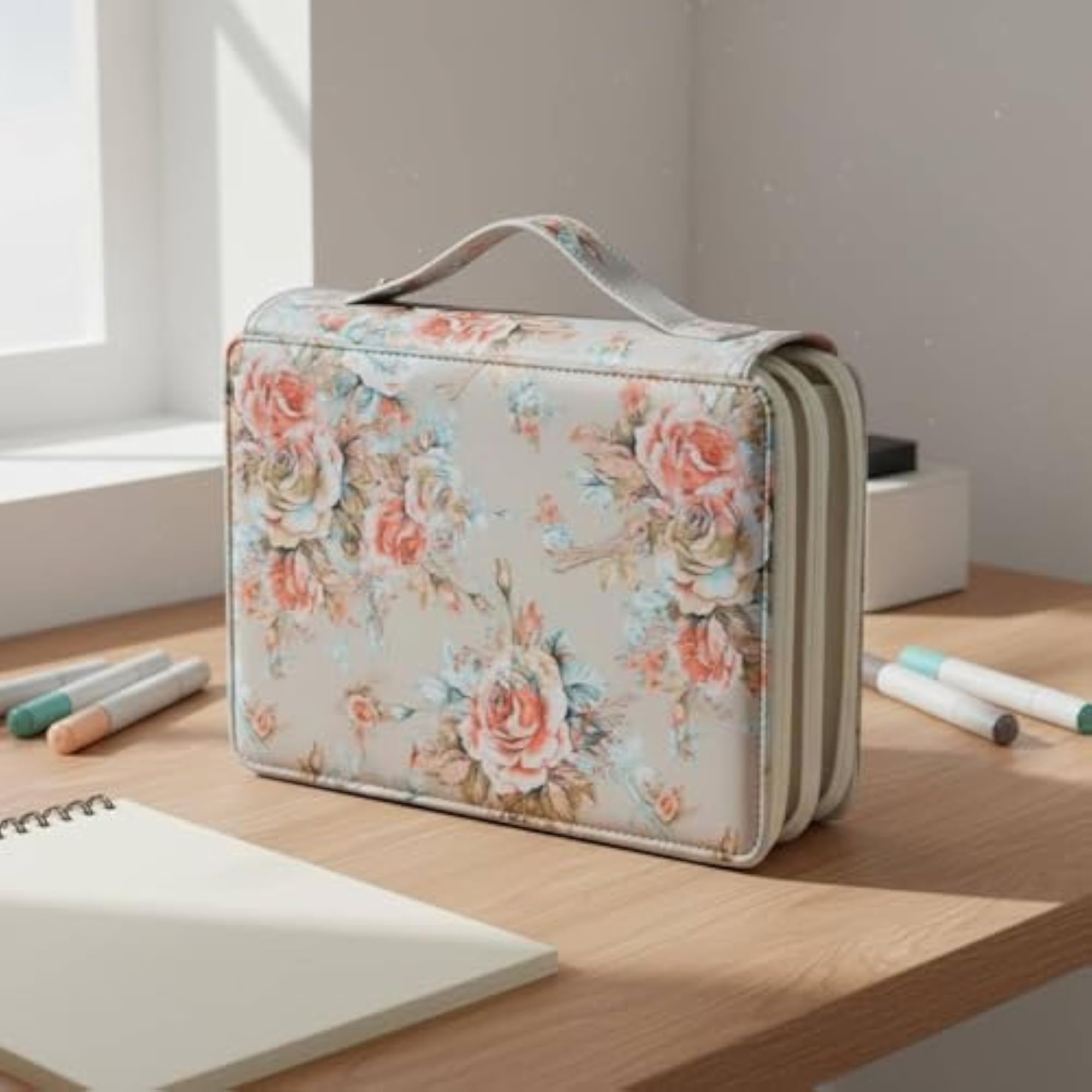 Floral Print 200 Slot Writing Implement Case with Elastic Slots
