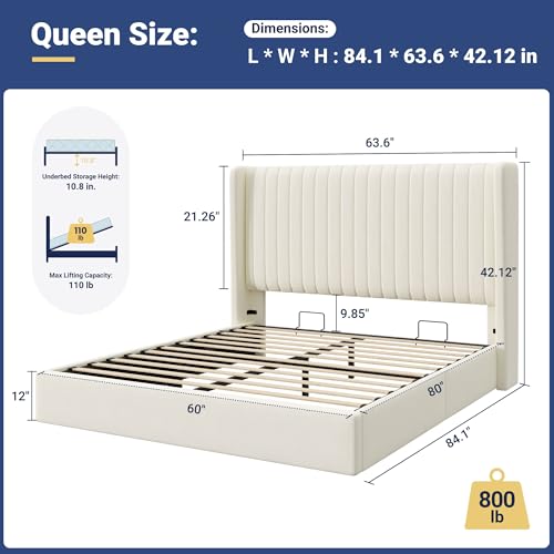 Image of Allewie Queen Size Lift Up Storage Bed Frame Channel Tufted Headboard Cream