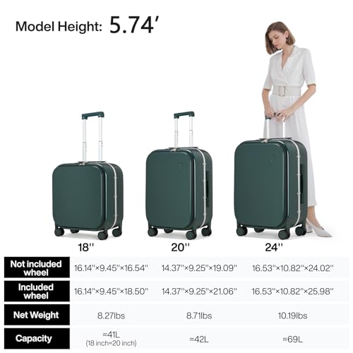 Image of mixi Luggage Suitcase with Spinner Wheels, Carry On Luggage with Laptop Pocket,18 /20 /24 Inch Travel Luggage Aluminum Frame PC Hardside with TSA Lock & Cover, Blackish Green, 20-inch