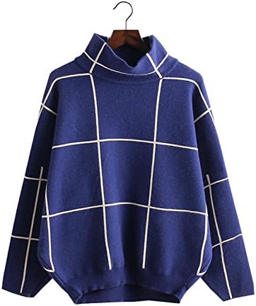 Doballa Women's Grid Pattern Sweater Long Sleeve Turtleneck Pullover Jumper Top