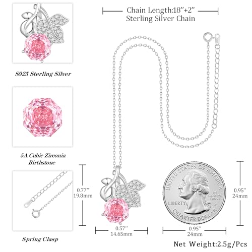 Birthstone Rose Pendant Necklace - 925 Sterling Silver Rose Cut Cubic Zirconia Flower Leaf Necklace Anniversary Birthday Jewelry Gift for Women Wife Mom Daughter4