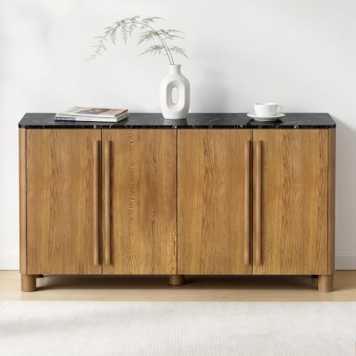 Image of 65 inch Sideboard Buffet Cabinet with Storage, Wood Grain Top Credenza with Adjustable Shelves, Curved Accent Cabinet with Round Legs for Dining Room, Living Room, Entryway, Coffee Bar, Walnut
