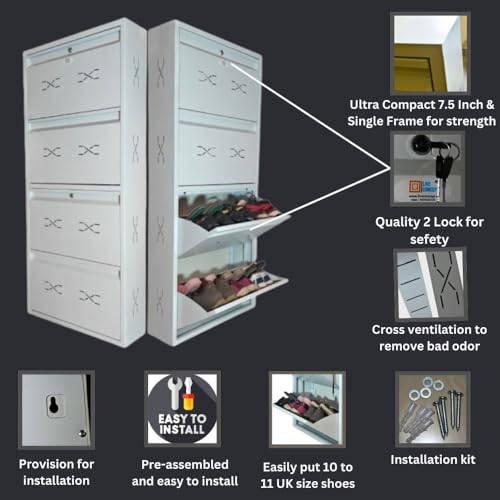 Image of I Double Decker Metal Shoe Rack I Double Lock I Wall Mounted I 4 Shelve (Ivory Colour) I Coad LC 2DDL-04 IV I Height 58 Inches, Width 26 Inches, Depth 7.5 InchesI 3 Years Warranty.