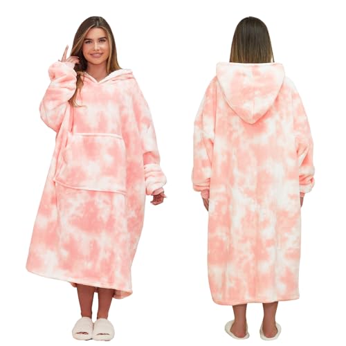 Dreamscene Extra-Long Tie Dye Blanket Hoodie Mothers Day Gifts Soft Sherpa Fleece Warm Cosy Oversized Hoodie Women Wearable Blanket Hooded Snoodie for Adult Teens Men Big Jumper Blush Pink