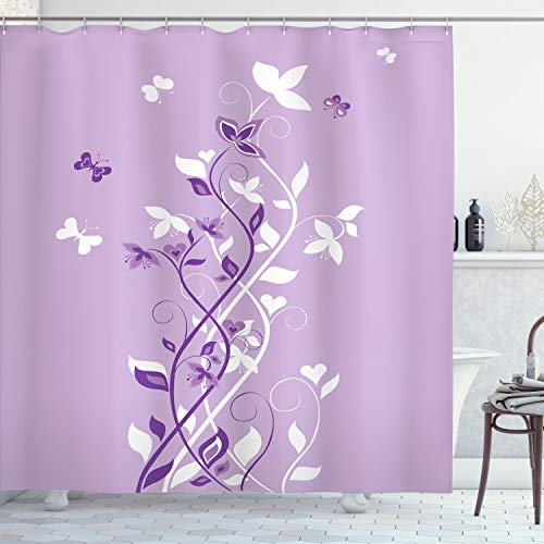 Ambesonne Spring Shower Curtain, Tree Swirling Romantic Lilac Blooms with Butterfly Ornament Nature Leafy Floral, Cloth Fabric Bathroom Decor Set with Hooks, 69" W x 70" L, Pale Lavender