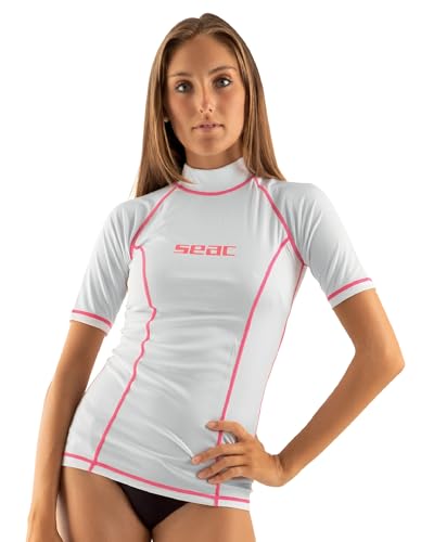 SEAC T-Sun Short Lady, Maglia Protettiva Rash Guard per Snorkeling e Nuoto Anti UV, Bianco/Rosa, L