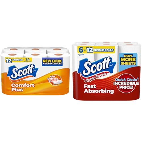 Bundle of Scott ComfortPlus Toilet Paper, 12 Double Rolls, 231 Sheets per Roll, 1-Ply Toilet Tissue + Scott Paper Towels, Choose-A-Sheet, 6 Double Rolls = 12 Regular Rolls (108 Sheets Per Roll) - image 1