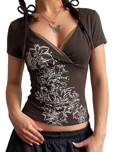 Image of EMMIOL Y2K Fairy Grunge Short Sleeve Shirts for Women Vintage Floral Graphic V Neck Cute Going Out Tops Emo Summer Tee