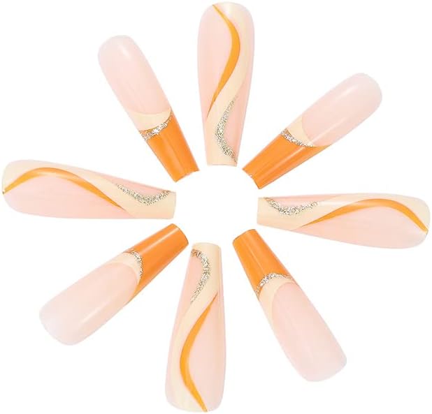 Vatocu Coffin Wavy Line Glitter False Nails Long French Ballerina Fake Nails Orange Press on Nails Acrylic Full Cover Stick on Nails for Women and Girls(24pcs) - Image 4
