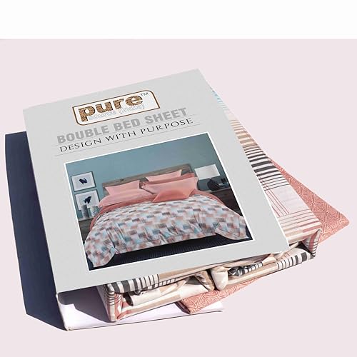 Image of Pure Source India Pure Cotton Elegance Bedding Set, Dreamy Cotton Comfort Double Bed Sheet with Pillow Covers (Blue Pink Brown Strips)