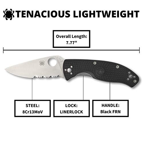 Spyderco Tenacious Lightweight Folding Utility Pocket Knife With 3.39" Stainless Steel Blade And Black Frn Handle - Everyday Carry - Combinationedge - C122Psbk #TOP4