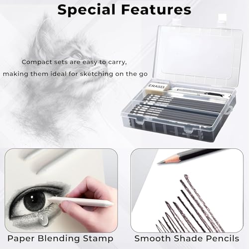 Image of Sketch Pencil Set, Drawing Pencil Set and Shading Tool Kit for Artists, Perfect Sketching Kit of Charcoal Pencils and Shading Art with Carry Box and A5 Sketch Book (48 Pieces)