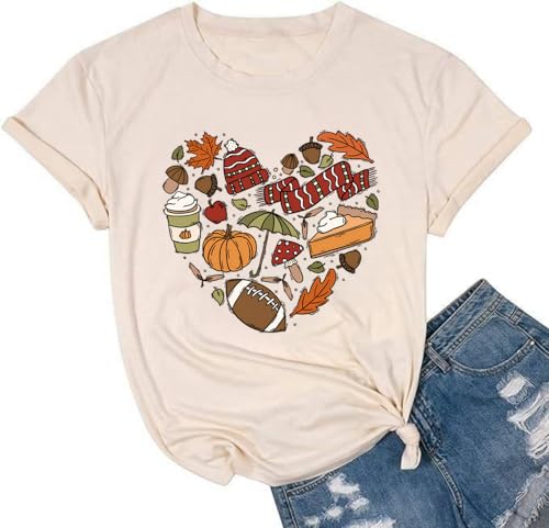 Fall Pumpkin Shirts Women Family Halloween Thanksgiving Tops Cute Autumn Thankful Pumpkin Fall Graphic Tees(C-Beige,XL)