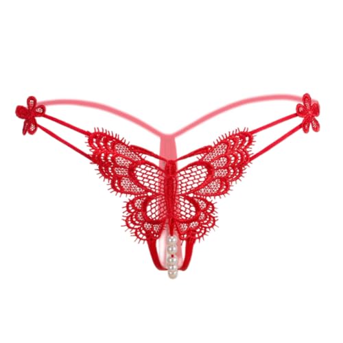 CAZEOUU Women's Sexy Hollow Underwear Lace Butterfly Embroidery Thong T Pants Transparent Open Cut sexy Pearl Underwear (red)