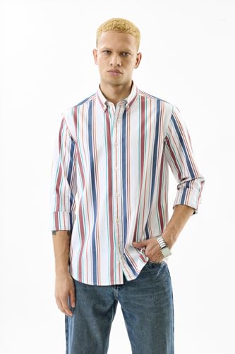 Image of SNITCH Men's Casual Shirt | Slim Fit Full Sleeve Point Collar Striped Design | 100% Cotton & Lightweight Fabric for Office, Social Gatherings & Everyday Wear