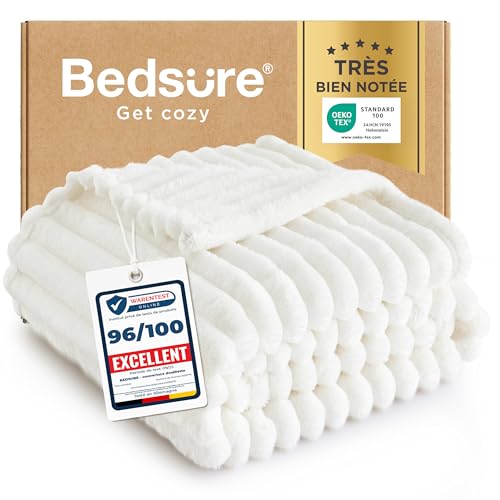 Bedsure Couverture Moelleuse en Polaire – Couverture Douce et Chaude en Cordon Grossier pour lit et canapé Laine Blanche, 150 x 200 cm