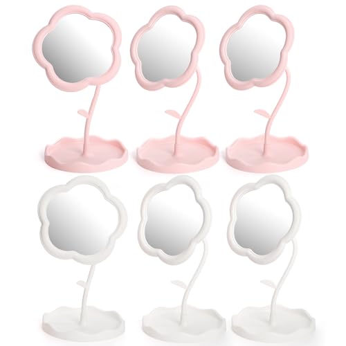 Jowgut 6 Pieces Flower Shaped Mirror, Multi-Angle Adjustable Spa Party Makeup Mirror, Compact Table Vanity Mirror with Jewelry Tray for Home Decor Sleepover Party Aesthetic Gift