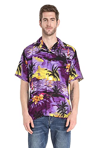 Matchable Couple Hawaiian Luau Shirt Smock Top Wide Legged Pants in Sunset Purple4