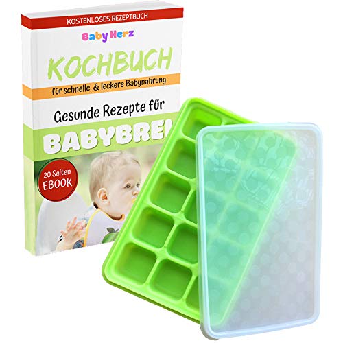 Baby Gefrierform mit Silikondeckel zur Aufbewahrung von Babynahrung - Versch. Farben zur Auswahl - ohne Weichmacher und zu 100% BPA frei (Grün groß) Cover