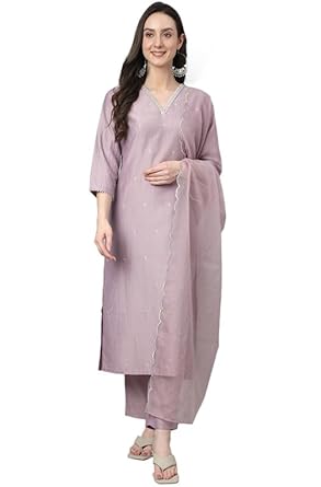 Janasya Women's Silk Blend Embellished Kurta with Pant and Dupatta