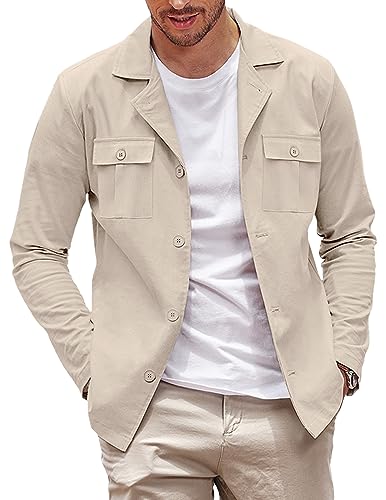 COOFANDY Men's Casual Shirt Jacket Long Sleeve Button Down Overshirt Lightweight Shacket with Pockets, Light Khaki, L
