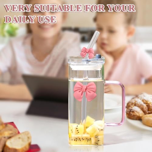 Image of FUNKYFINDS Pink Cute Bow Square Glass Cup with Lid and Straw, Pink Glass Tumbler with Handle Bow Knot Transparent Drinking Glasses for Juice, Iced Coffee, Milk, and Tea Girl Birthday Gifts (Set of 1)