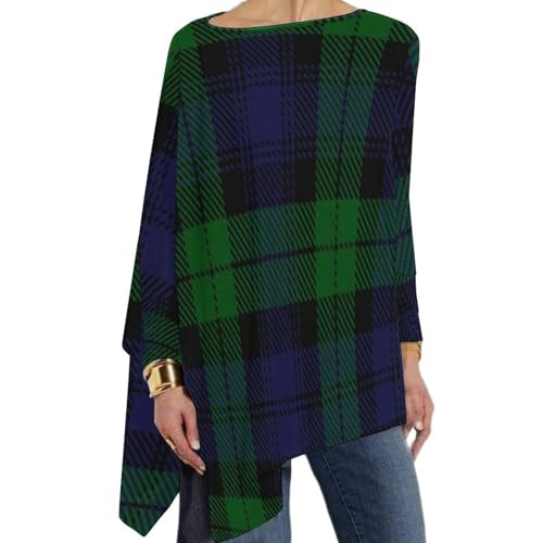 Black Watch Plaid Womens Long Sleeve T-Shirt Tunic Loose Fit Tee Tops for Leggings