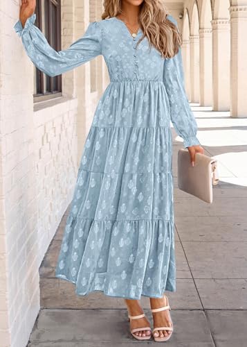 Image of KIRUNDO Spring Wedding Guest Dresses for Women 2026 Maxi Floral Long Sleeve Elegant Ruffle Tiered Flowy Party Long Dress