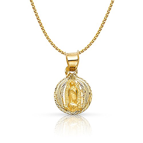 Ioka 14K Yellow Gold Diamond Cut Our Lady of Guadalupe Stamp Charm Pendant with 1.2mm Flat Open Wheat Chain Necklace