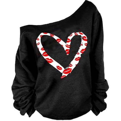 MAGICMK Women’s Off The Shoulder Pullover Sweatshirts Long Sleeve Lips Print Casual Tops Cover