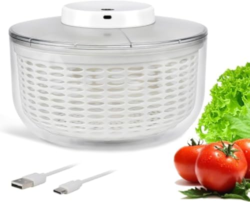 QINMOZH 野菜乾燥機 電動野菜水切り器 サラダスピナー 6L大容量 回転式 高速水切り 野菜水切り器 キッチンツール 調理器具 丸型 便利 時短 果物洗い USB充電式 (ホワイト)