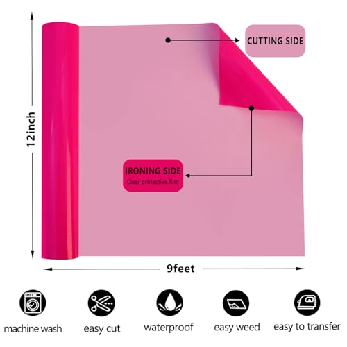 Image of FUNKAKA Heat Transfer Vinyl Neon Pink HTV Rolls, 12 inch x 9ft Iron on Vinyl