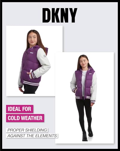 DKNY Girls' Quilted Puffer Jacket - Warm Hooded Insulated Winter Jacket for Girls - Kids' Outerwear Varsity Jacket (7-16)3