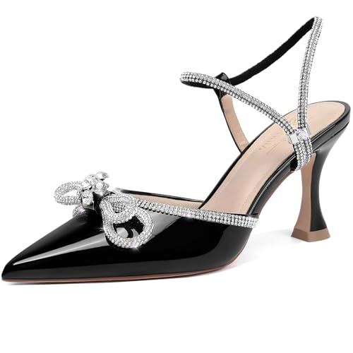 Image of Susanny Women's Closed Toe Rhinstone Wedding Low Heel Slingback Clear Kitten Heels,Adjustable Strap Pointed Toe Bow Pumps High Heeled Prom Dress Shoes