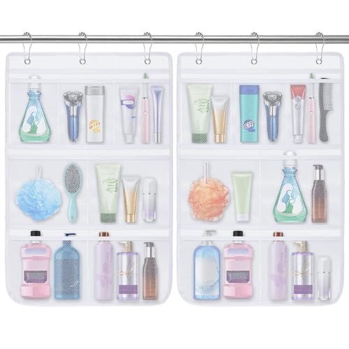 Mesh Shower Organizer for Bath, 2 Pack Mesh Shower Caddy Hanging, Quick Dry | 7 Pockets in Multiple Sizes, 6 Hooks, Portable for Dorms, Gyms, Cruises, Camping, RVs, Toiletry and Travel