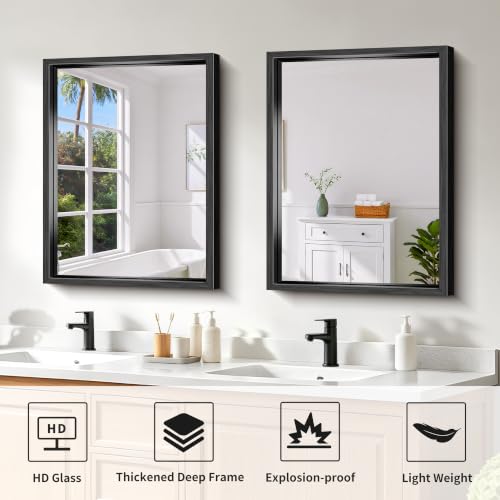 Image of Bathroom Mirror, 18 x 24 inch Brushed Black Metal Frame Rectangular Vanity Mirror, Wall Mounted Rectangle Mirror for Bedroom Living Room, Tempered Glass, Antirust, Horizontally or Vertically