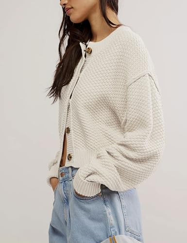 Image of Women's Oversized Cropped Cardigan Sweater Open Front Long Sleeve Button Down Knit Outwear